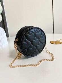 1pc Children's Pu Messenger Bag, Fashionable Embroidered Round Small Bag, Zipper Closure Casual - Black - View 1