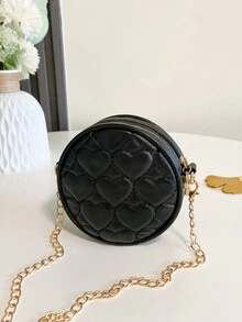 1pc Children's Pu Messenger Bag, Fashionable Embroidered Round Small Bag, Zipper Closure Casual - Black - View 3