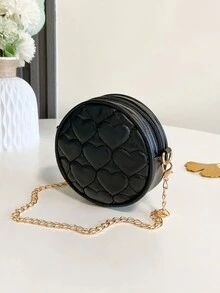 1pc Children's Pu Messenger Bag, Fashionable Embroidered Round Small Bag, Zipper Closure Casual - Black - View 2