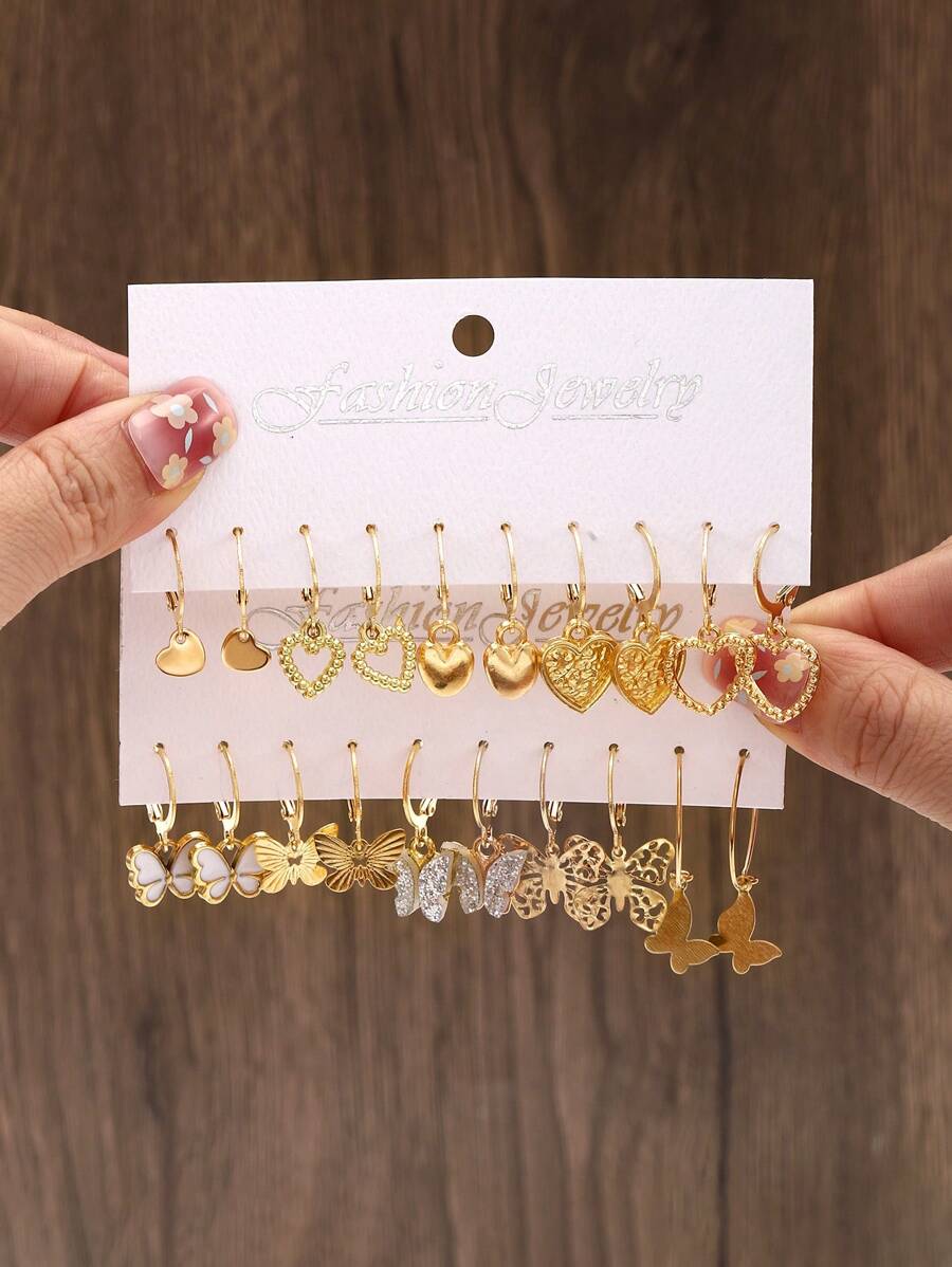 10 đôi bông tai hình trái tim và bướm cho ngày lễ tình nhân - Vàng - Xem 1