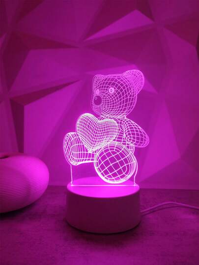 1入3D泰迪熊和心型視覺效果壓克力夜燈，粉色LED燈，適用於臥室、學習室、客廳家居氛圍裝飾，多場景使用