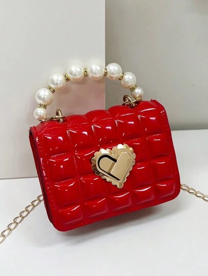 Mini Faux Pearl Decor Quilted Chain Crossbody Bag, Quilted Square Bag With Faux Pearl Top Handle, Chain Shoulder Purse, Gift, Holiday, Vacation, Perfect Fit, Perfect For Shopping, Traveling, Fashionable, Simple, Soft Leather Tote Handbags Mini Heart Decor Handbags, Lattice Patterned Square Purse, Fashion Chain Crossbody Bag