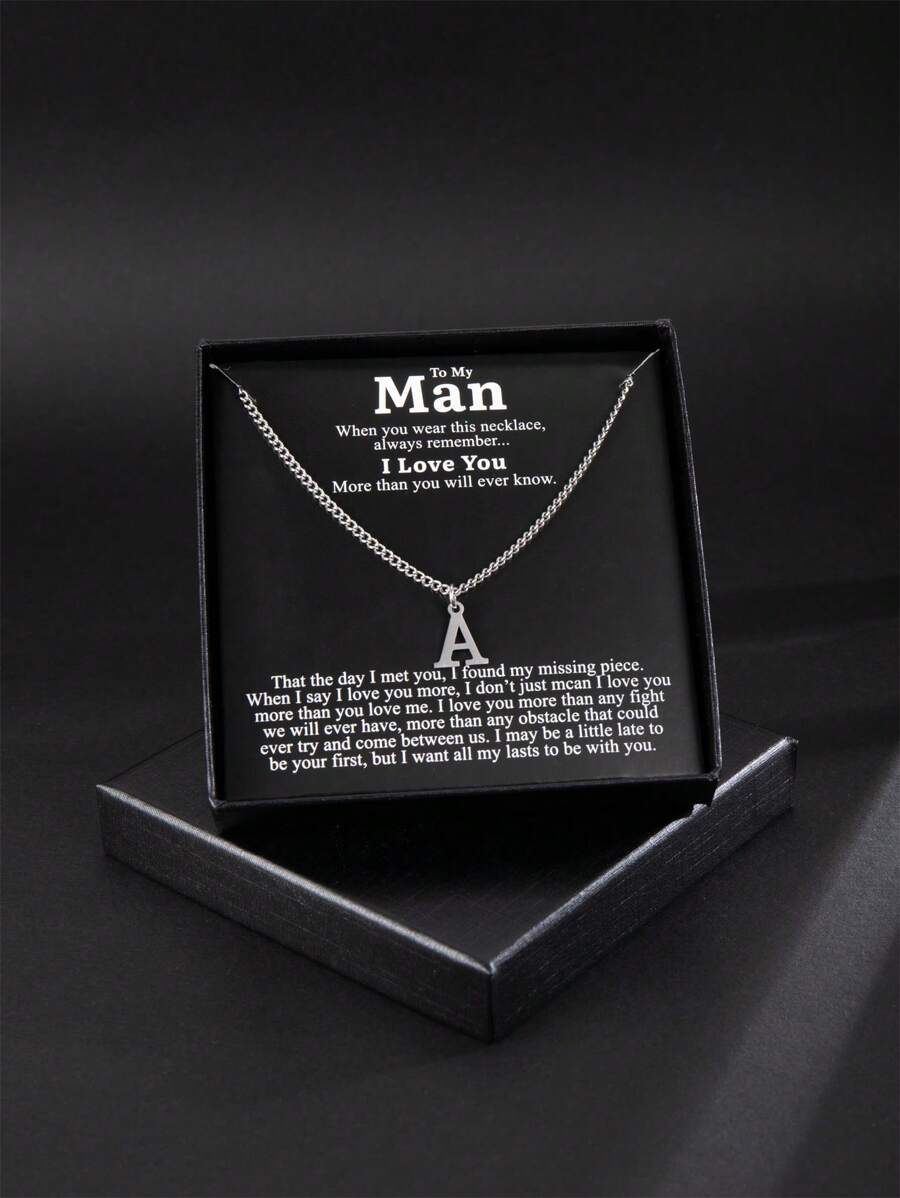 1pc 26 Letter Stainless Steel Pendant Necklace Gift Box, Suitable For Surprising Husband/Boyfriend, Initial Necklace, Fashion Minimalist Style (Note: Due To Lighting And Shooting Angle, There May Be Slight Color Difference Between Actual Product And Image) - Silver - View 1