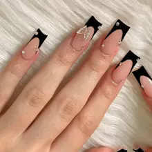 24 Piezas Uñas Postizas De Diseño De Mariposa Negra Cuadrada Larga Con Gel De Jalea Y 1 Lima De Uñas - Negro - Ver 1