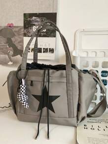 Star Pattern Drawstring Design Shoulder Tote Bag With Pendanttrendy Star Print Women Bag, Stars Hollow Women Bag - Grey - View 5