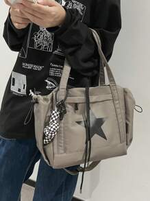 Star Pattern Drawstring Design Shoulder Tote Bag With Pendanttrendy Star Print Women Bag, Stars Hollow Women Bag - Grey - View 4