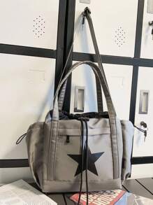 Star Pattern Drawstring Design Shoulder Tote Bag With Pendanttrendy Star Print Women Bag, Stars Hollow Women Bag - Grey - View 6