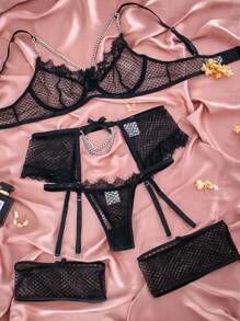 Sheer Chain Detail Sexy Lingere Set - Black - View 8