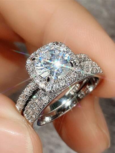 2pcs Simple European And American Style Full Rhinestone Couple Rings, Fashion Wedding Rings Royal