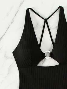 Hollow Ribbed Fabric Triangle One-Piece Swimsuit With Ring Detail Summer - Black - View 5
