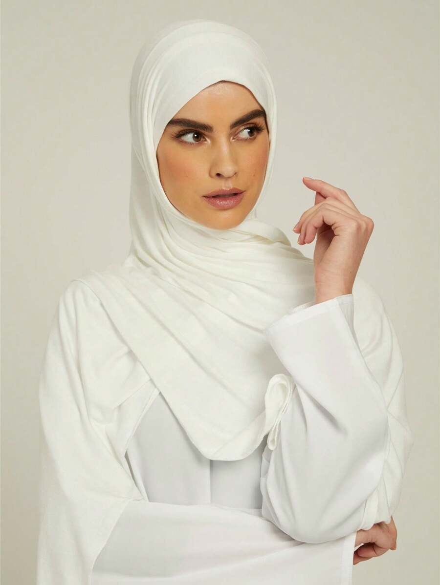 1 Peça Hijab de Jersey de Cor Sólida Macia, Lenço Longo de Cor Sólida, Lenço de Cabeça Tricotado Árabe - Branco - Visão 1