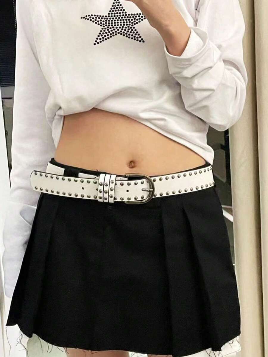 1入女士寬皮帶,帶有y2k和龐克風格的鉚釘,白色皮革帶適合休閒配搭