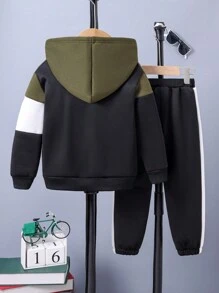 男童拼色暖色連帽衫和運動長褲 - 黑色 - 查看 2