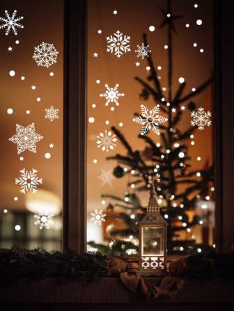 1set 64pcs Snowflake Window Decor Stickers, Pvc Static Cling Cabinet Decoration, Stickers, Wall Decal, Vinyl Decal For Home Decorations, Spring Decoration Items Refresh Your Home, Rama Decoration Stickers