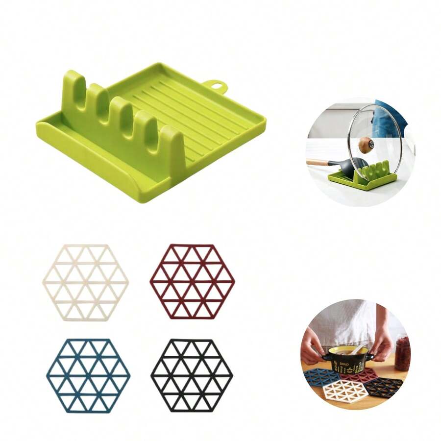 1pc Tableware Holder And 4pcs Dining Table Heat Insulation Pads, Utensil Rack Spoon Rest Kitchen Tool Suitable For Pot Cover And Ladle - Multicolor - View 1