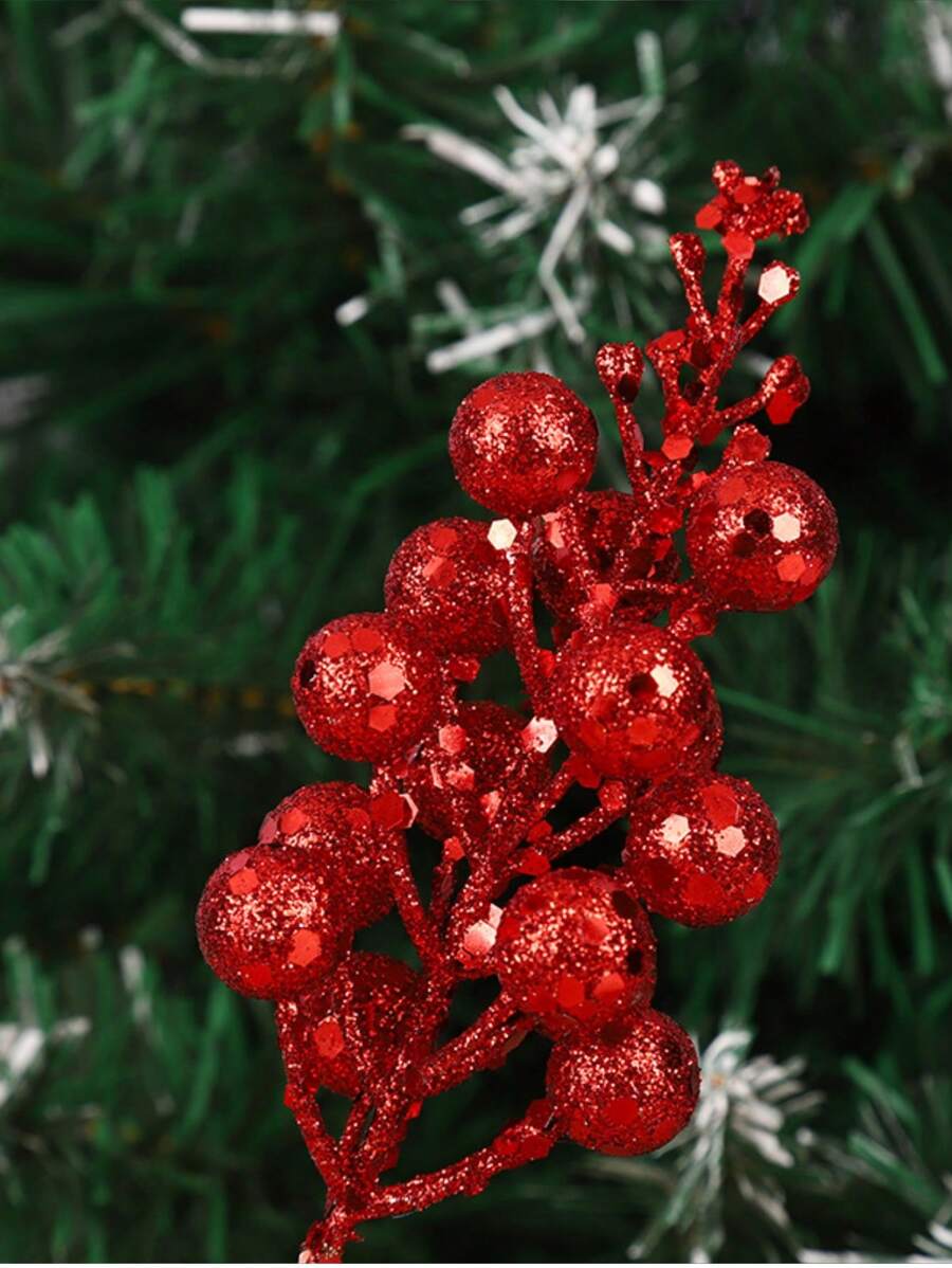 2株/4株/6株人造闪光植物，带浆果，可爱圣诞树装饰，修剪过的树枝，适用于客厅、卧室、婚礼、派对、家居装饰、桌面摆设。圣诞用品、家居装饰、桌面装饰、室内外圣诞装饰、房间装饰