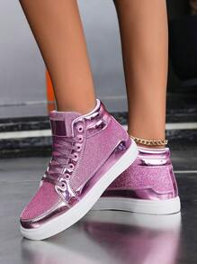 Của phụ nữ High Top Giày thể thao , Sáng bóng Hoa hồng Đỏ  Da bằng sáng chế , Cho đám cưới , Buổi tiệc , Hiệu suất , Ngày , Giải trí , Và Thể thao , Vợ chồng Giày dép - Màu Hồng Tươi - Xem 4