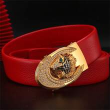 3.5公分寬中性紅色皮帶,帶有老虎造型鋅合金扣,適合日常穿著