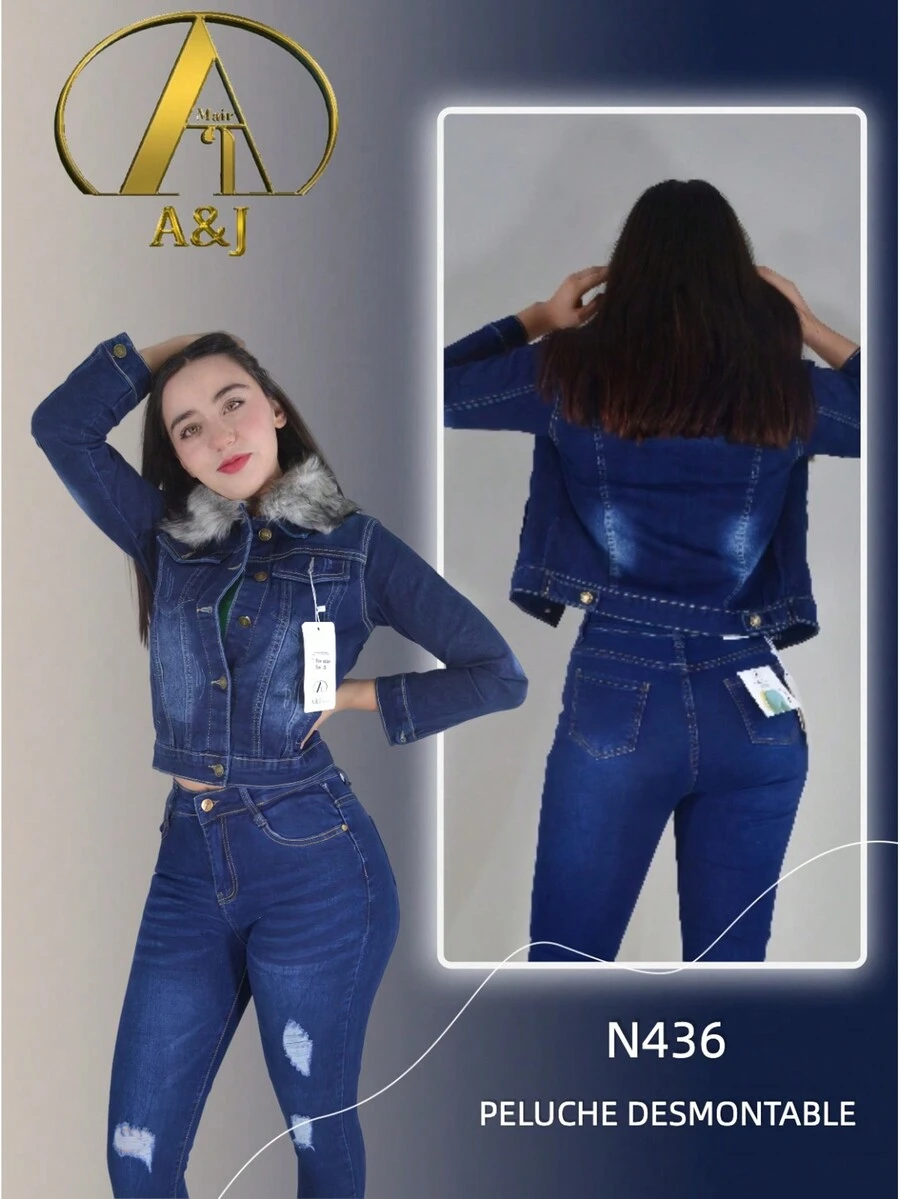 Chaqueta Mezclilla Azul con Peluche Desmontable, manga larga, bolsillos laterales y frontales, Solapa con peluche desmontable color gris. - Azul lavado medio - Ver 1