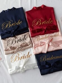 1件新娘伴娘絲綢浴袍,婚禮必備 - 香檳色 - 查看 3