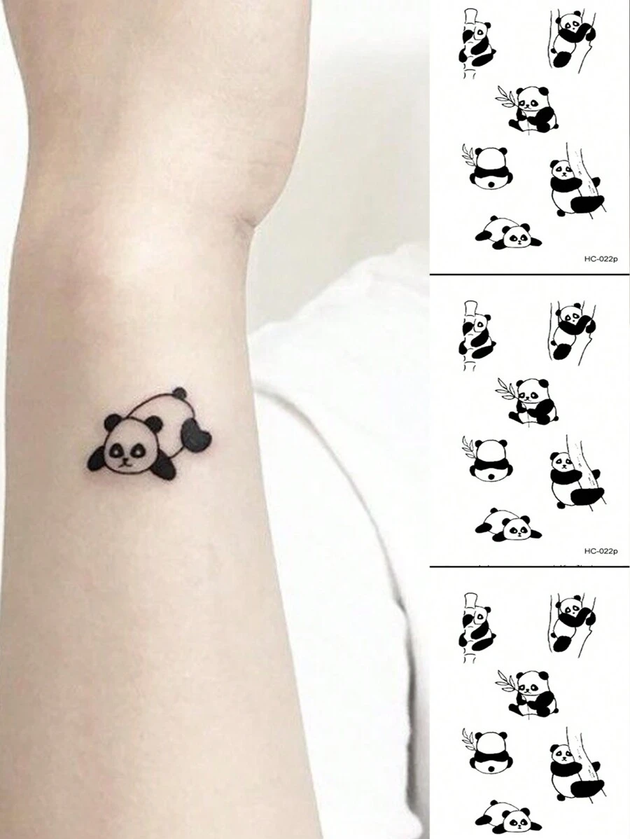 3 arkusze/zestaw Cute Cartoon Panda & Bamboo Wodoodporna Tymczasowa Naklejka Tatuażowa, Body Art Dla Dorosłych Mężczyzn I Kobiet, Ramiona I Kostki - Czarne - Zobacz 1