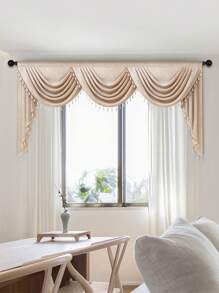 1 pieza Cortina de ventana de unicolor tejida, de estilo minimalista moderno con material de fibra de poliéster y borde de encaje con flecos, adecuada para la decoración de la sala de estar, dormitorio, ventana y puerta - Beis - Ver 3