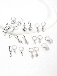 Set de 9 pares de pendientes decorativos para mujer con diseños de mariposa metálica, doble serpiente, flor, corazón, estrella y hoja para uso diario en San Valentín