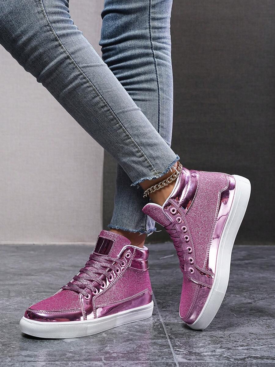 Của phụ nữ High Top Giày thể thao , Sáng bóng Hoa hồng Đỏ  Da bằng sáng chế , Cho đám cưới , Buổi tiệc , Hiệu suất , Ngày , Giải trí , Và Thể thao , Vợ chồng Giày dép - Màu Hồng Tươi - Xem 1