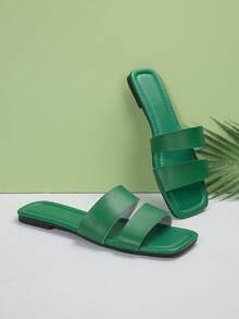 女款開放式腳趾雙帶涼鞋,輕便方頭平底拖鞋,綠色時尚休閒風格拖鞋 - 綠色 - 查看 7