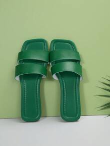 女款開放式腳趾雙帶涼鞋,輕便方頭平底拖鞋,綠色時尚休閒風格拖鞋 - 綠色 - 查看 8