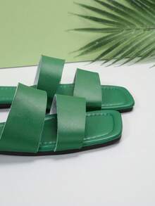 女款開放式腳趾雙帶涼鞋,輕便方頭平底拖鞋,綠色時尚休閒風格拖鞋 - 綠色 - 查看 5