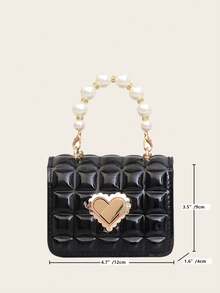 迷你人造珍珠装饰绗缝链条斜挎包、绗缝方形包、人造珍珠顶部提手手提包、人造珍珠提手包、链条单肩包、口红黑色钱包、黑色包、教师礼物、节日、度假、完美契合、购物、旅行的完美选择、时尚、简约、柔软皮革手提包迷你心形装饰手提包、格纹方形钱包、时尚链条斜挎包 - 黑色 - 查看 9