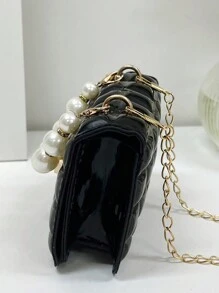 迷你人造珍珠装饰绗缝链条斜挎包、绗缝方形包、人造珍珠顶部提手手提包、人造珍珠提手包、链条单肩包、口红黑色钱包、黑色包、教师礼物、节日、度假、完美契合、购物、旅行的完美选择、时尚、简约、柔软皮革手提包迷你心形装饰手提包、格纹方形钱包、时尚链条斜挎包 - 黑色 - 查看 3