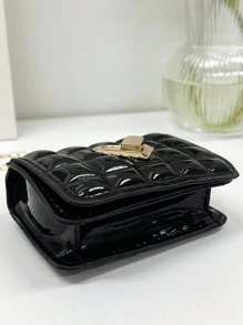 迷你人造珍珠装饰绗缝链条斜挎包、绗缝方形包、人造珍珠顶部提手手提包、人造珍珠提手包、链条单肩包、口红黑色钱包、黑色包、教师礼物、节日、度假、完美契合、购物、旅行的完美选择、时尚、简约、柔软皮革手提包迷你心形装饰手提包、格纹方形钱包、时尚链条斜挎包 - 黑色 - 查看 7