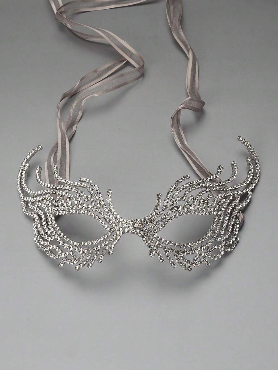 1 Pieza Máscara De Caretas Para La Fiesta De Mujeres Con Decoración De Aleación Y Diamantes De Imitación De Moda - Plateado - Ver 1