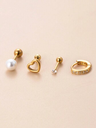 1pc Fashion Cartilage Earring Hollow Out Heart Imitation Pear Ear Piercing Jewelry Cz Helix Tragus Lobe Stud Screw On Back Earrings For Women Valentines