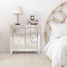 28in Bedside Table With Mirror Surface 2 Drawers 2 Doors Silver