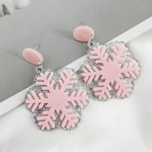 2件装女士圣诞雪花图案亚克力面板设计百搭个性时尚耳环，适合圣诞派对，设计感十足，是送给女孩和老师的绝佳礼物。 - 粉色 - 查看 3