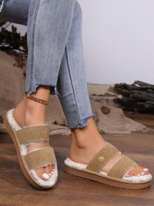 女款夾腳拖鞋秋冬新款時尚舒適,軟平底給你溫暖,室內戶外兩用 - 卡其色 - 查看 1