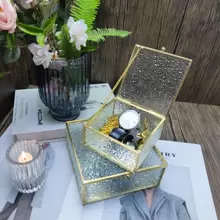 Metal Edged Glass Jewelry Box With Diamond Pattern, Storage Box For Home Use, Gift For Valentine's Day