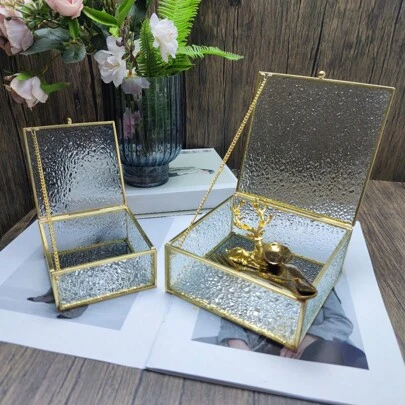 金属边框玻璃首饰盒，钻石图案，家用收纳盒，情人节礼物，房间装饰