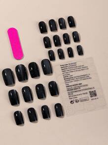 24入組黑色水晶貓眼假指甲，方形亮片全覆蓋壓克力假指甲，適用於女士日常聚會膠貼型指甲，美甲用品 - 黑色 - 查看 2