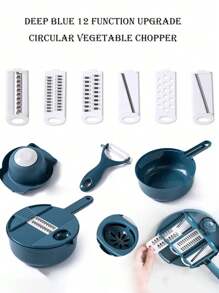 12pcs Blue Circular Vegetable Slicer, Multifunctional Fruit Slicer, Manual Food Grinder, Vegetable Grinding Machine, Cutter With Container, 6-blade Potato Grinder, Home Potato Slicer, Kitchen Gadget