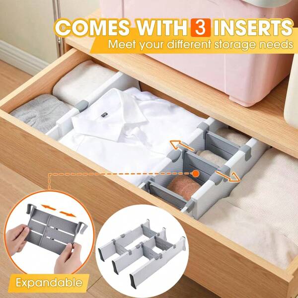 3 Packs Drawer Dividers Organizer, Adjustable Separators with 4 Inserts