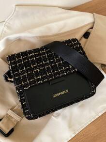 格子手提包女式肩背包,小型方形旅行斜挎包,格紋錢包手提包 - 黑色 - 查看 3