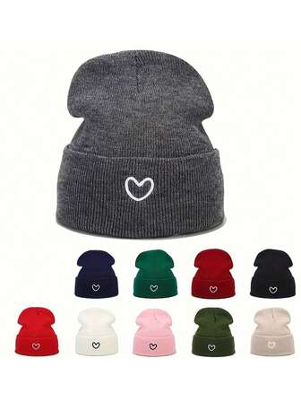 1 pieza Gorro de esquí unisex con bordado de corazón estilo Y2K, gorro de punto resistente al frío para exteriores, gorro casual y versátil de invierno adecuado para el uso diario