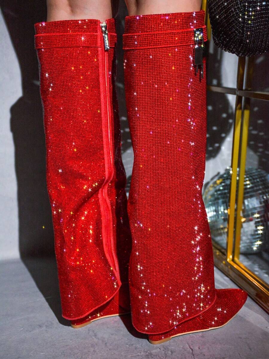 Women's Fold Over Rhinestone Boots - Single Pointy Toe Metallic/Holo Knee High High Heel For Festival Shoes - 紅色 - 查看 1