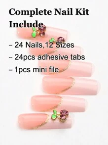 24入組棺材形狀粉色底部,白色法式指尖和櫻桃裝飾可愛風格美甲貼紙,附贈果膠膠水 - 彩色 - 查看 2