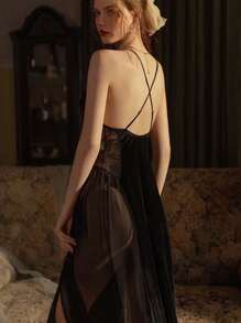 Sexy Lingerie Lace & Mesh & Bowknot & Ruffle Edge Bra Cup Double Side Slit Backless Strap Long Dress - Black - View 5