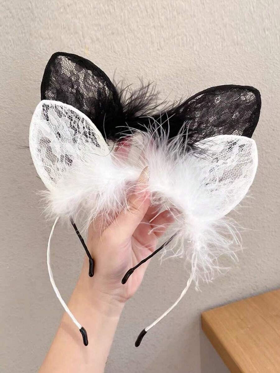 1pc Cute And Sweet Plush Rabbit Ear Headband, Sexy Lace Hair Accessory With 3d Design - White - View 1